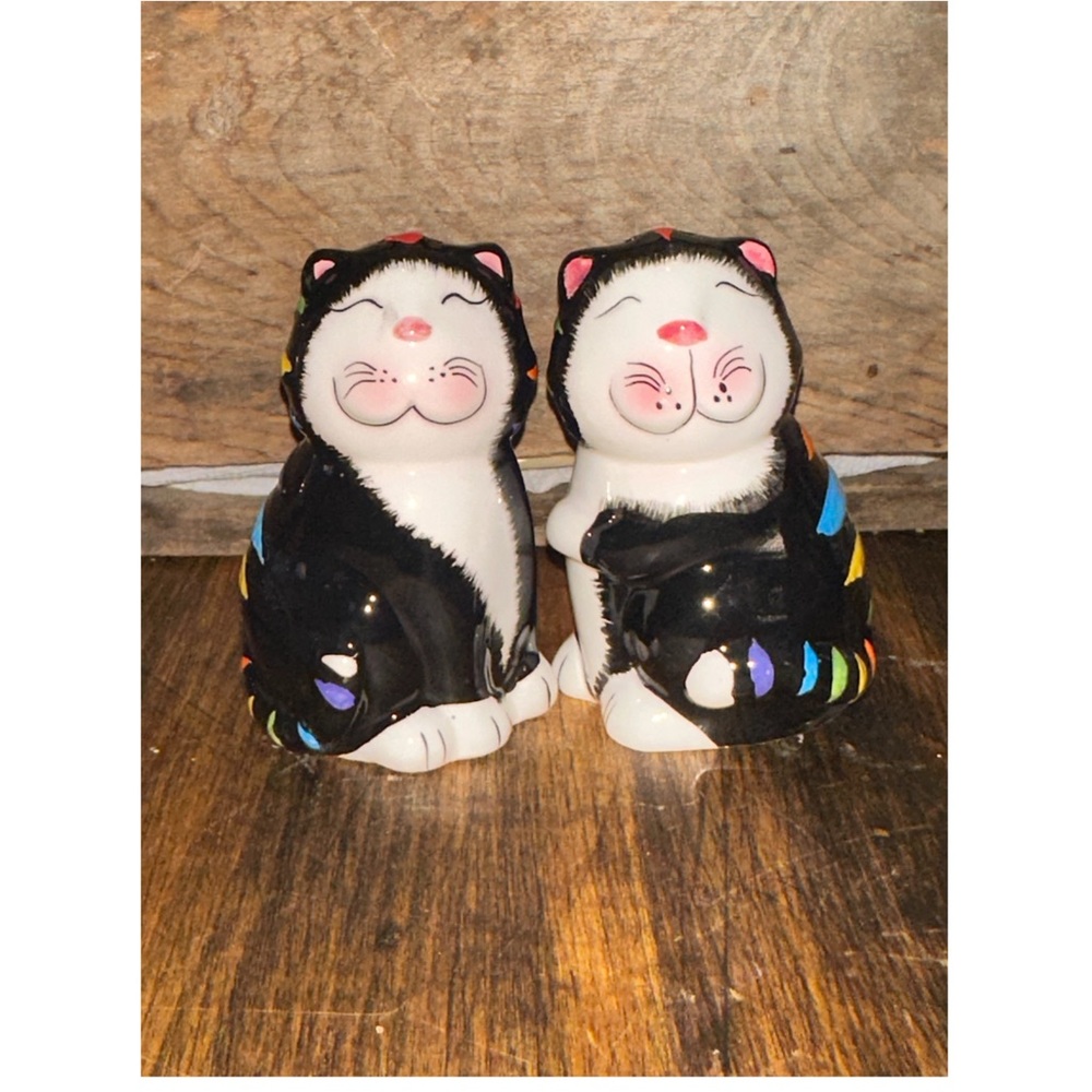 Happy Cats Tuxedo Cats Ceramic Salt and Pepper Shakers Rainbow Stripes